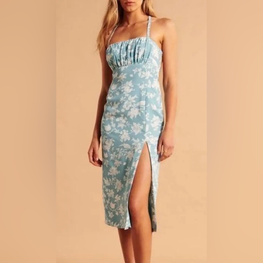 ABERCROMBIE AND FITCH Blue Floral Ruched Satin Midi Dress Size XL